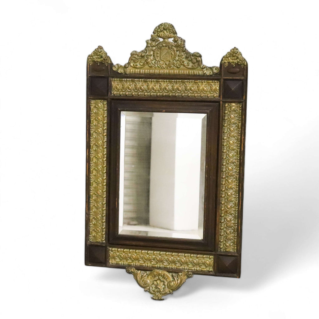 French Pressed Brass mirror in Oak frame with family crest