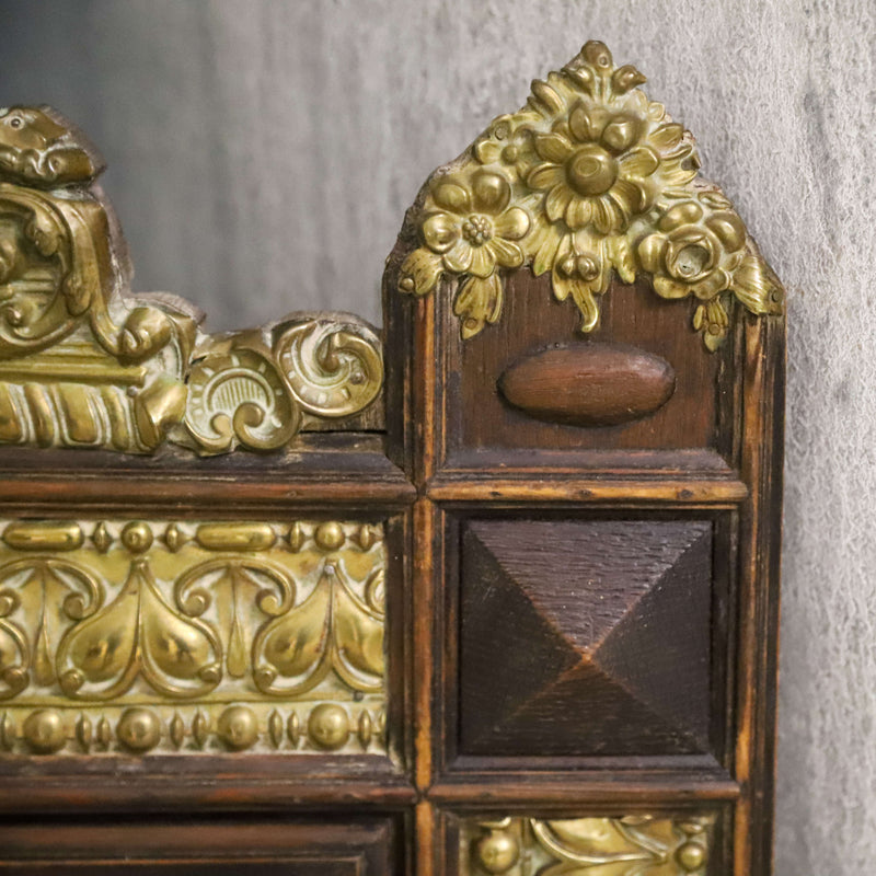 French Pressed Brass mirror in Oak frame with family crest